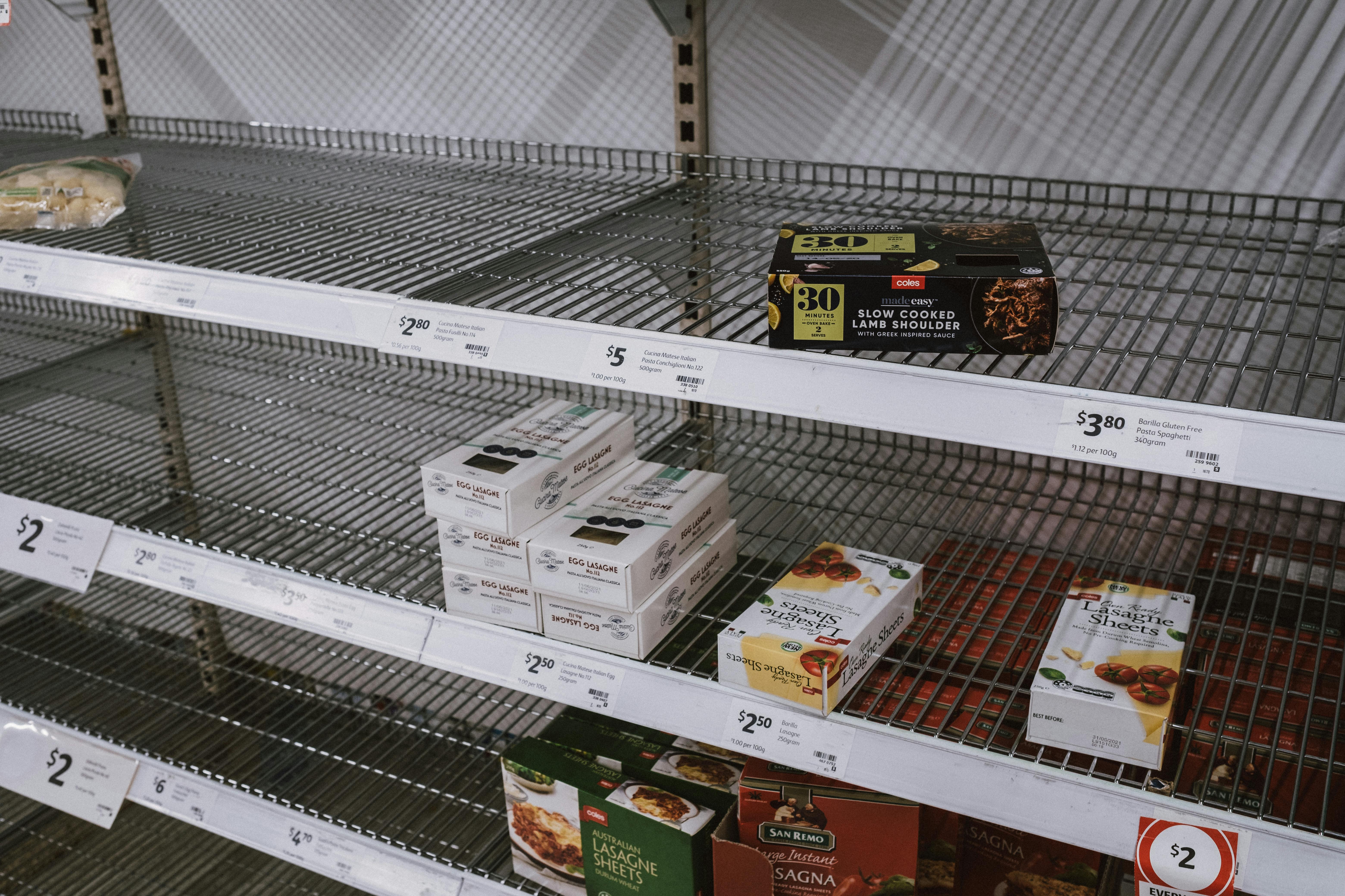 Empty grocery store shelves. 